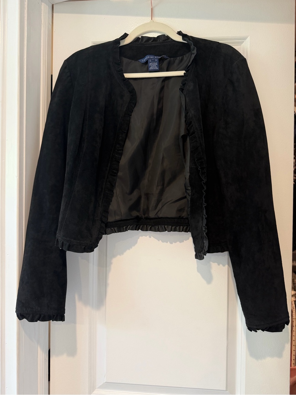 Women’s Black Suede Ruffle-Trim Cropped Jacket Catherine Stewart - Large